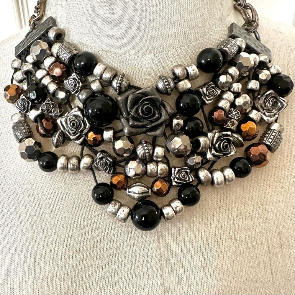 Rose silver tone and black chunky statement necklace